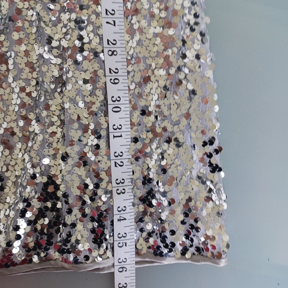 Mr Abbott Silver Sequin Silk Lined Mini Dress V-Neck Racerback L NWT $450 - Picture 5 of 11